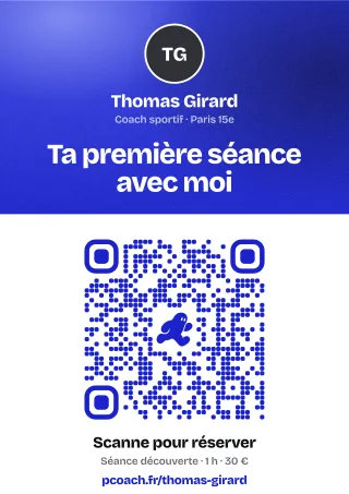 Exemple de flyer A5 de coach sportif avec QR code vers sa page de réservation