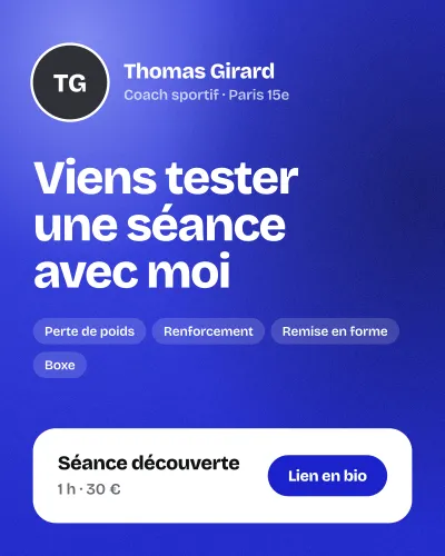 Un post Instagram « Viens tester une séance avec moi » avec le bouton Lien en bio